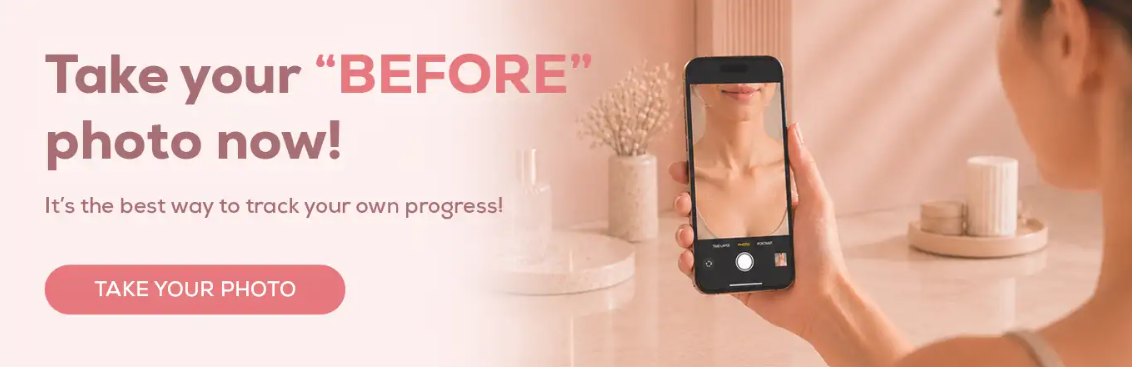 Woman using phone to take a BTY Advance skincare progress photo